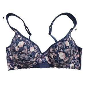 Lucky Brand Blue Pink Floral Underwire Lace Molded Cup 3 Hook Closure Bra 38D